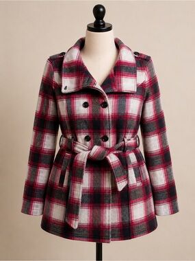 Sebby Plaid Belted Peacoat Jacket XL pink Black gray Wool Blend Coat